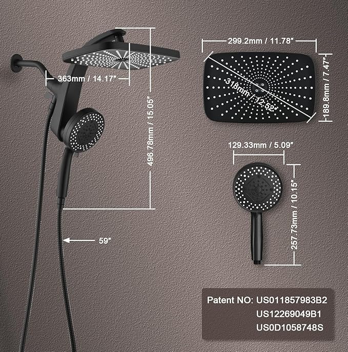 BOZYBO Rain Shower Head with Handheld: High Pressure Shower Heads with Handheld Spray Combo, 12" Rainfall Shower Head and 9 Sprays Hand Showerheads with Magnetic Docking and Power Jets, Black