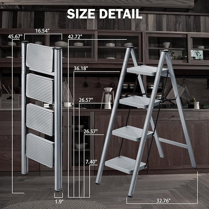 XinSunho 4 Step Ladder, Folding Step Stool with Anti-Slip Wide Pedal, Portable Sturdy Steel Ladder 4 Steps, 330lbs Safety Kitchen & Household Ladder