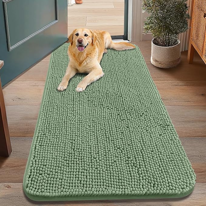 Smiry Dog Door Mat for Muddy Paws 48x30, Absorbent Dirt Trapper, Non-Slip Washable Chenille Entryway Rug for Inside Floor, Olive Green, Classic Solid