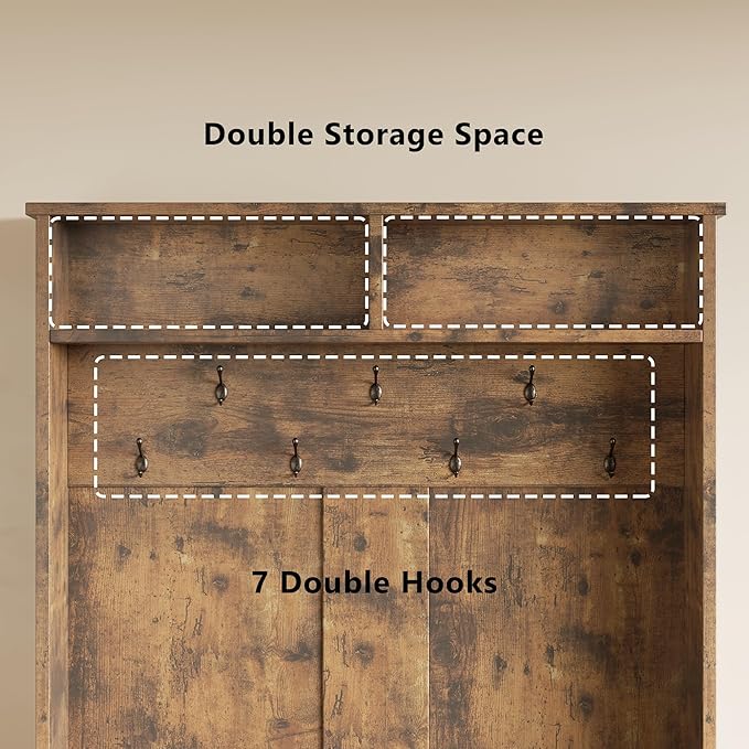 Aiho Entryway Hall Tree with Bench and Storage, 5-in-1 Hall Tree with Coat Rack, Adjustable Shoe Bench, 2-Tier top Storage, for Hallway, Entryway, Bedroom, Rustic Brown