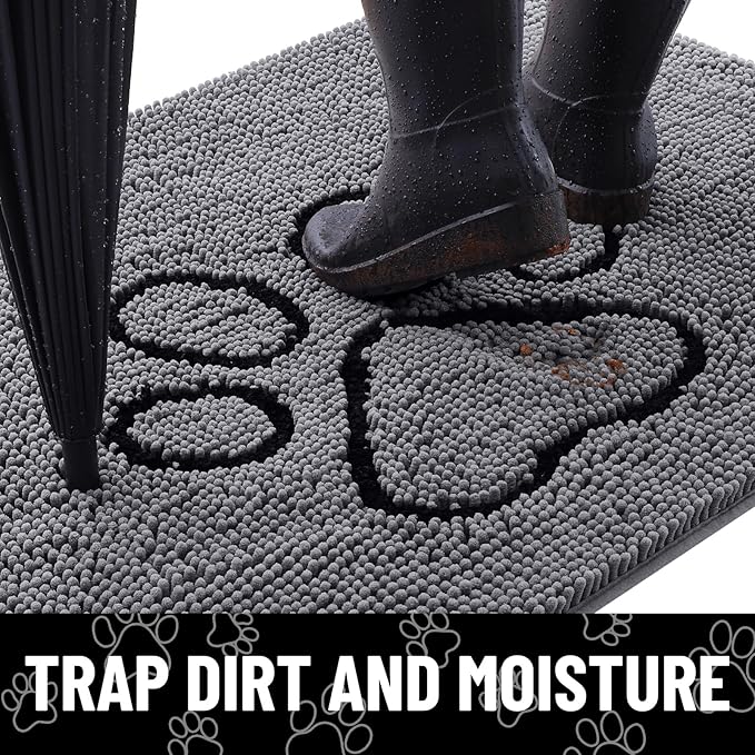 Smiry Dog Door Mat for Muddy Paws, Absorbent Dirt Trapper Non Slip Quick Dry Washable Chenille Mat for Mud Dogs, Entry Rug for Indoor and Outdoor (47x24 Inches, Dark Grey and Black)