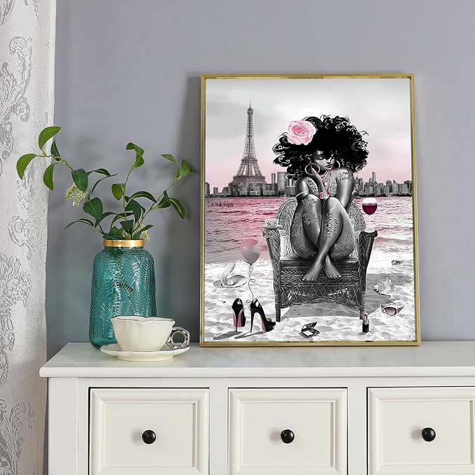 5Pcs Black Girly Bathroom Sets with Rugs and Wall Painting, Pink and Black African American Shower Curtain Set with Rugs, Parisian-Style Modern Wall Decor, Bathroom Shower Curtain and Rug Set