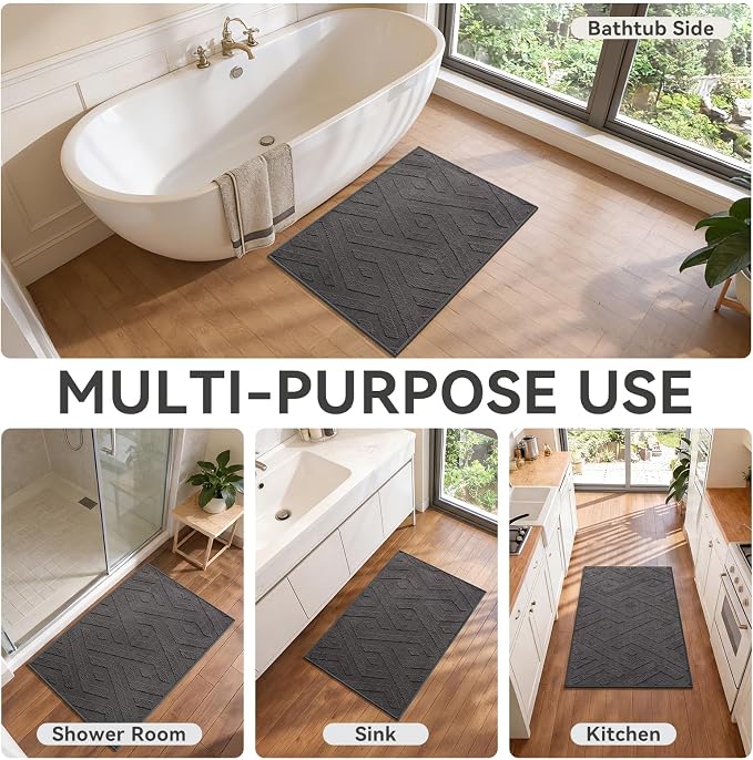 Non-Slip Bath Mat 16x24-2pc with Rubber Backing, Washable Thin Bath Mats for Bathroom Floor, Absorbent Bathroom Rugs, Quick Dry, Fits Under Door Grey