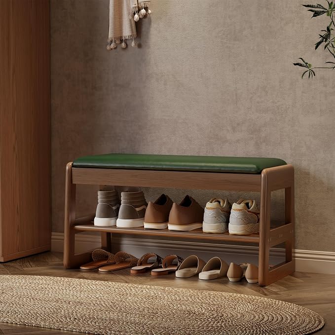 AQIMUELE Shoe Rack Bench,2 Tiers Shoe Bench with Storage with Flip-Top,Wood Shoe Rack for Entryway,Hallway（Green Upholstered Seat,11.8" D x 31.5" W x 15.7" H）