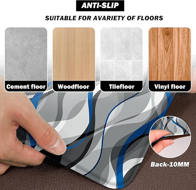 Kitchen Mats for Floor Modern Abstract kitchen rugs Grey and Blue Stripe Anti Fatigue Kitchen Mats Waterproof Floor Mats Cushioned Non-Skid Standing Mats for Kitchen, Set of 2,17.3 x 28+17.3 x 47