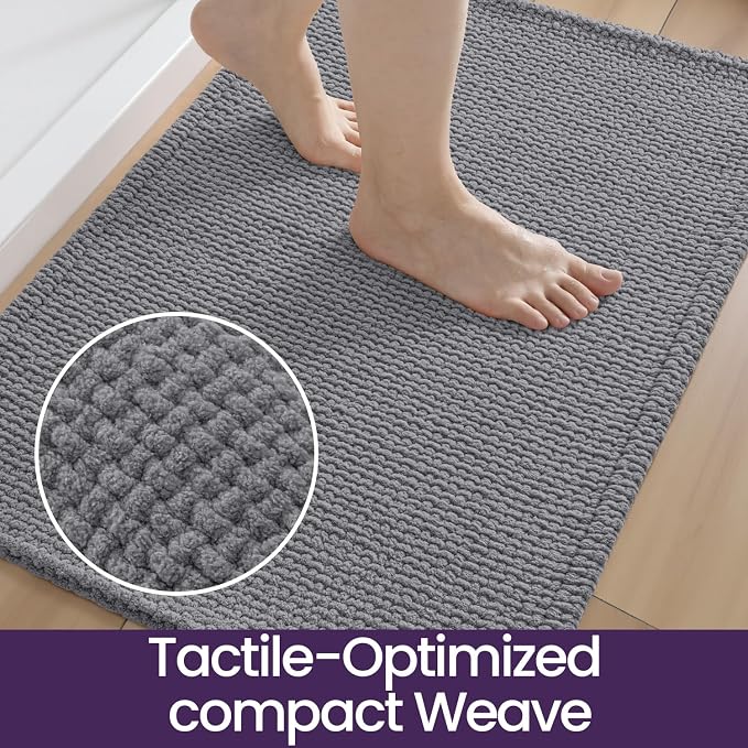 DEXI Bathroom Rugs 24x16, Non Slip Washable Bath Mat, Absorbent Chenille Bathmat, Ultra Soft Thick Carpet for Tub Shower Floor, Grey