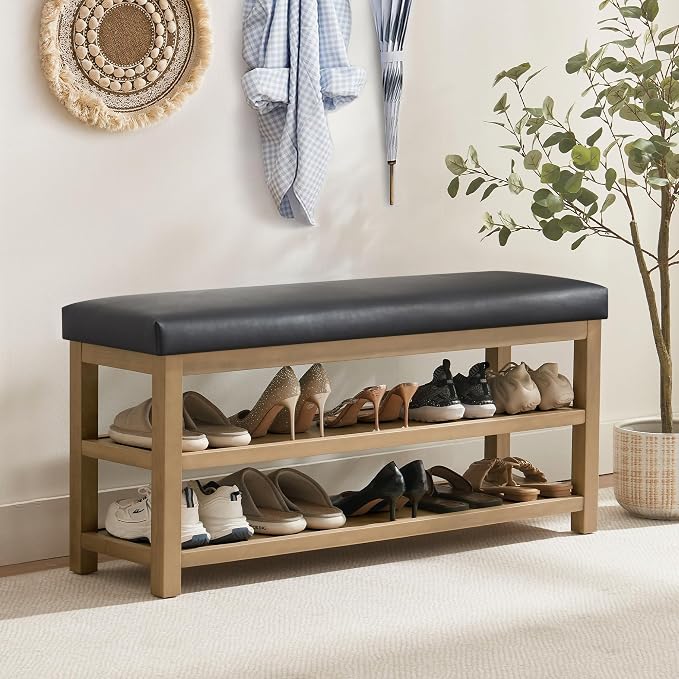 Zihanhome Shoe Rack Bench with Leather Cushion, 2 Tier Solid Wood Storage Bench, Mid-Century Modern Shoe Bench for Entryway, Hallway, Closet, Front Door Entrance, Foyer (Black, 46.5)