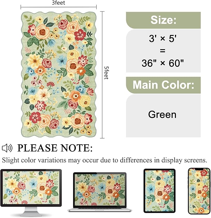 DUKINO 3x5 Area Rug, Floral Non-Slip Indoor Washable Rug with Low Pile & Non-Shedding, Lightwight Boho Design Carpet for Entryway, Bedroom, Kids Room, Living Room, Kitchen, Green
