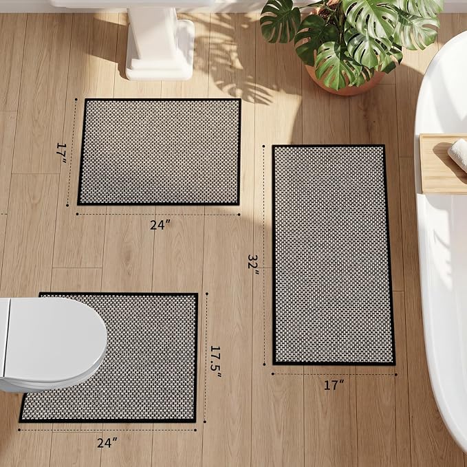 YIHOUSE Thin Bath Mat Black Bathroom Rugs Sets 3 Pieces, Non Slip Absorbent Bath Mats Quick Dry, Woven Braided Rugs Washable, Rubber Tapetes para Baño for Bathroom Toliet,Bathtub