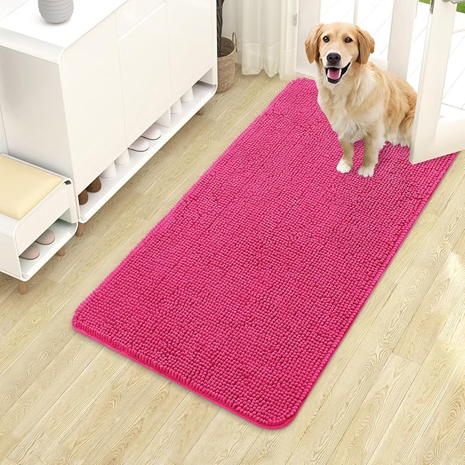OLANLY Dog Door Mat for Muddy Paws 40x24, Absorbs Moisture and Dirt, Absorbent Non-Slip Washable Doormat, Quick Dry Chenille Mud Mat for Dogs, Entry Indoor Entryway Carpet for Inside Floor, Hot Pink