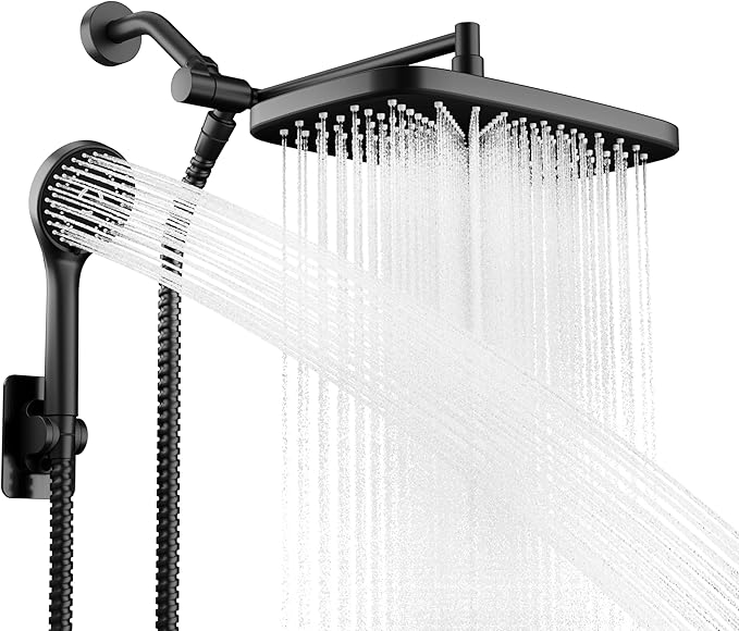 Wide Rain Shower Head With 5 Modes Handheld Showerheads, High Pressure Showerhead Combo with Extension Arm for Bathroom Accessories, Adjustable Shower Head with Anti-Clog Nozzles (Black)
