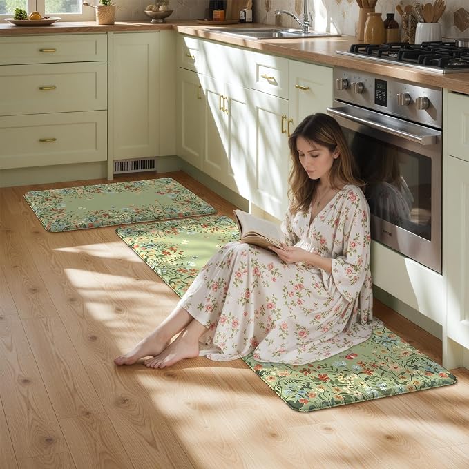 KIMODE Anti Fatigue Kitchen Mats 20"x59"+20"x32", Farmhouse Kitchen Rugs Sets of 2, Cushioned Non Skid Kitchen Mats for Floor, Comfort Kitchen Floor Mats for Sink Laundry Desk Sage Green