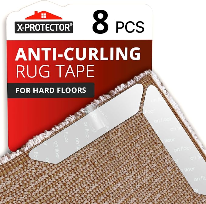 X-Protector Rug Tape - 8 Pcs Set - White Anti-Slip & Anti-Curling Carpet Tape for Hard Floors - Premium Rug Pad Gripper - Carpet Corner Grippers to Keep Your Carpet in Place & Make Corners Flat