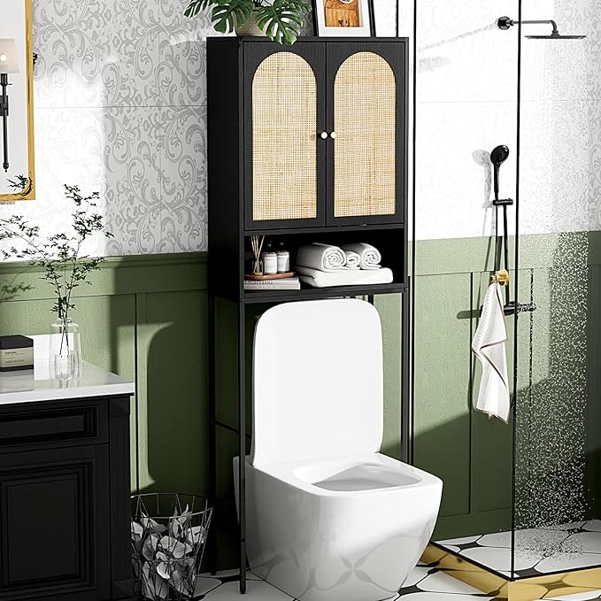VINGLI Over The Toilet Storage Cabinet, Black Rattan Bathroom Organizer Over Toilet with Adjustable Shelf, Freestanding Space Saver Stand with Soft-Close Doors for Restroom Laundry, Boho Modern