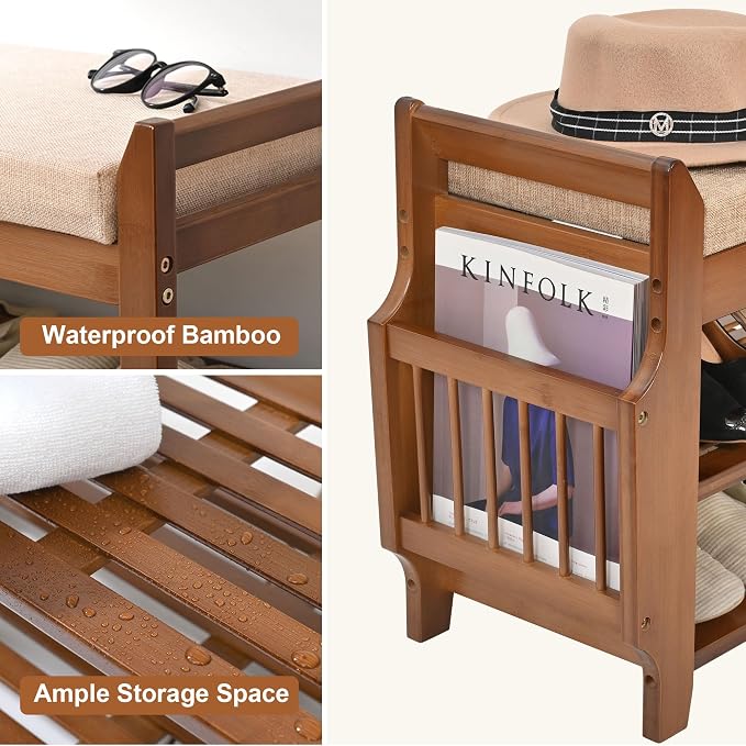 PETKABOO 2 Tier Shoe Bench, Bamboo Shoe Rack Bench, Shoe Storage Bench Organizer for Entryway Hallway Living Room