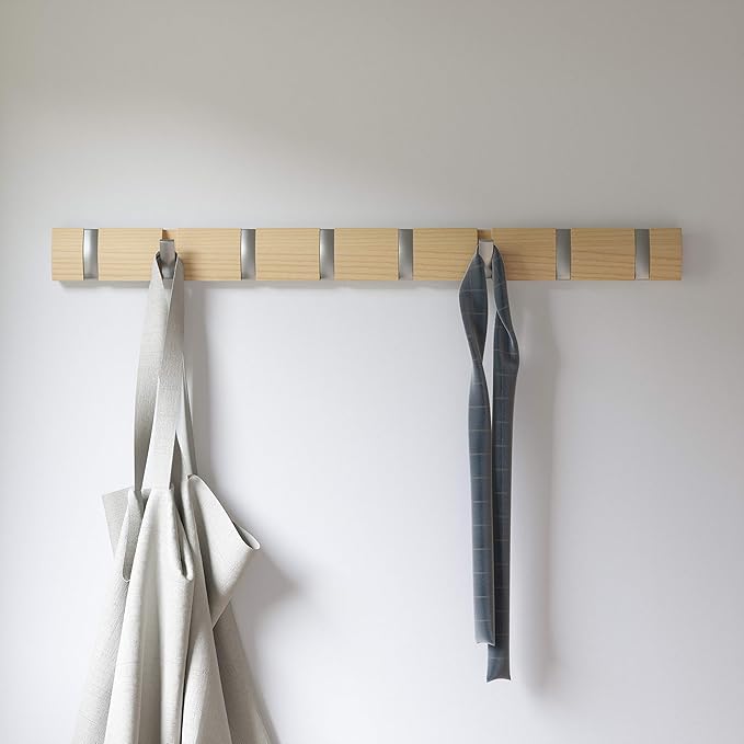Umbra Flip Wall-Mounted Coat Rack with 8 Hooks – Modern, Space-Saving Storage for Hats, Jackets, Bags, Entryway, Mudroom, Closet, Bathroom, Bedroom – Natural/Nickel