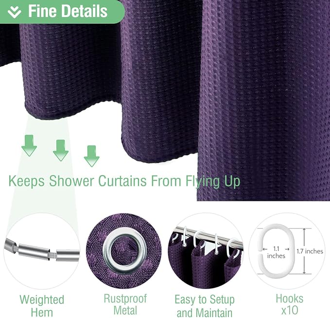 Dynamene 60 inch Stall Shower Curtain - Waffle Weave Heavy Duty Thick Fabric Shower Curtains for Bathroom, Weighted Hotel Spa Luxury Cloth Bath Curtain Set with 10 Plastic Hooks,60x72, Purple