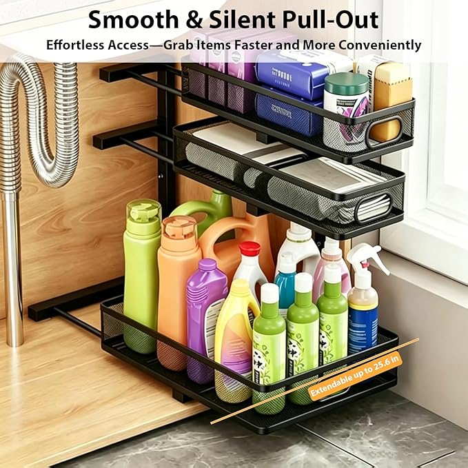 2 Pack Under Sink Organizer, 3-Tier Pull Out Kitchen Cabinet Organizer, Height Adjustable Metal Slide Out Bathroom Storage Makeup Drawer Rack for Bedroom Office Laundry Pantry Home Organization, Black