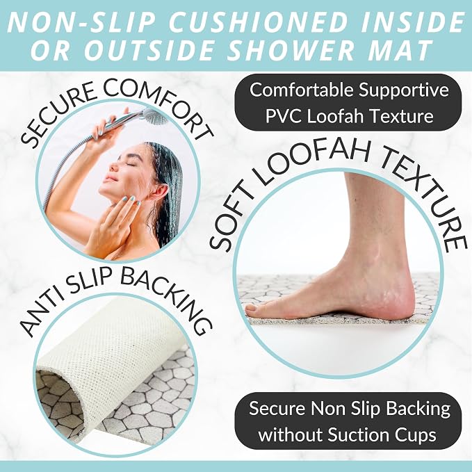Enkosi Loofah Non-Slip Shower Mat - Shower Floors, Bathtub, Bathrooms, Wet Areas - Cushioned Bath Mat with Drain Holes - Quick Dry PVC, Secure Safety Pad Without Suction Cups (32x24 Pebble)