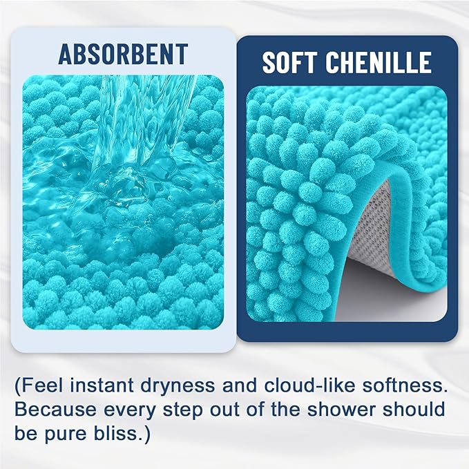Grandaily Chenille Striped Bathroom Rugs 36x24, Extra Thick and Soft Absorbent Bath Mats, Rubber Backing, Plush Shaggy Shower Carpet, Machine Wash Dry, Bath Rug for Bathroom, Aqua Sky