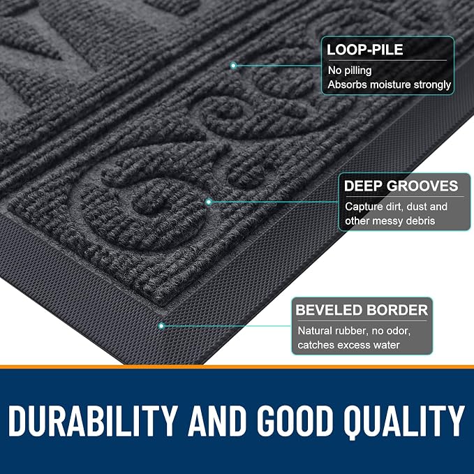 OLANLY Welcome Door Mat Indoor Outdoor Entrance, Heavy Duty Sturdy Front Door Mat, Waterproof All-Weather Doormat, Stain Resistant, Low Profile, Easy Clean Patio Entryway Mat, 29.5 x 17, Medium Grey