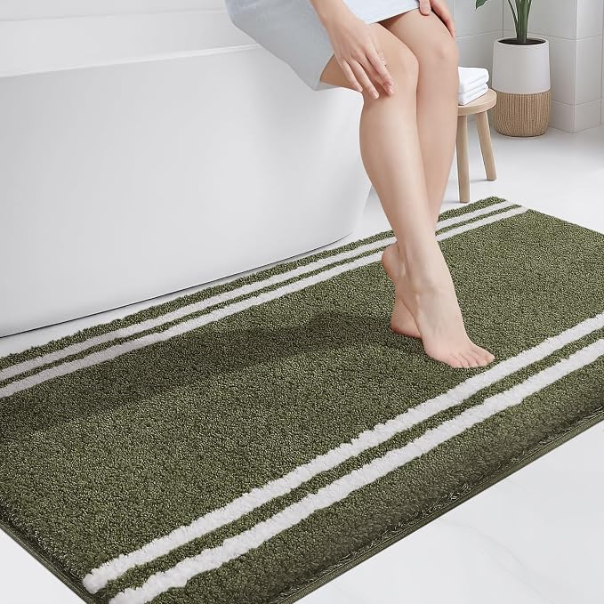 PURRUGS Bathroom Rug Non-Slip Machine Washable 30" x 60", Super Absorbent and Quick Dry Shaggy Microfiber Bath Mat, Extra Soft and Plush Bath Rug for Bathtub, Shower, and Sink, Olive Green