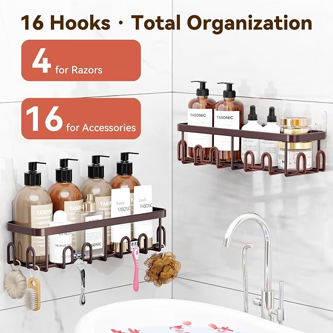 YASONIC Shower Caddy Adhesive, 100% Rustproof Shower Organizer, Large Capacity Shower Shelves for Inside Shower, No Drill Shower Storage for Home (2 Pack Bronze)