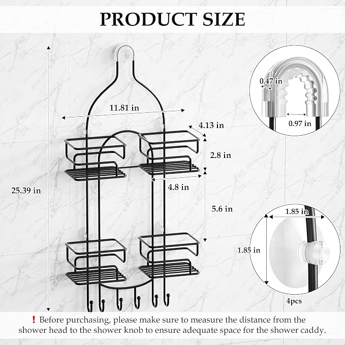 SRIWATANA Shower Caddy Hanging Over Head, Bathroom Shower Organizer Shower Rack Holder with Hooks for Razors - Black