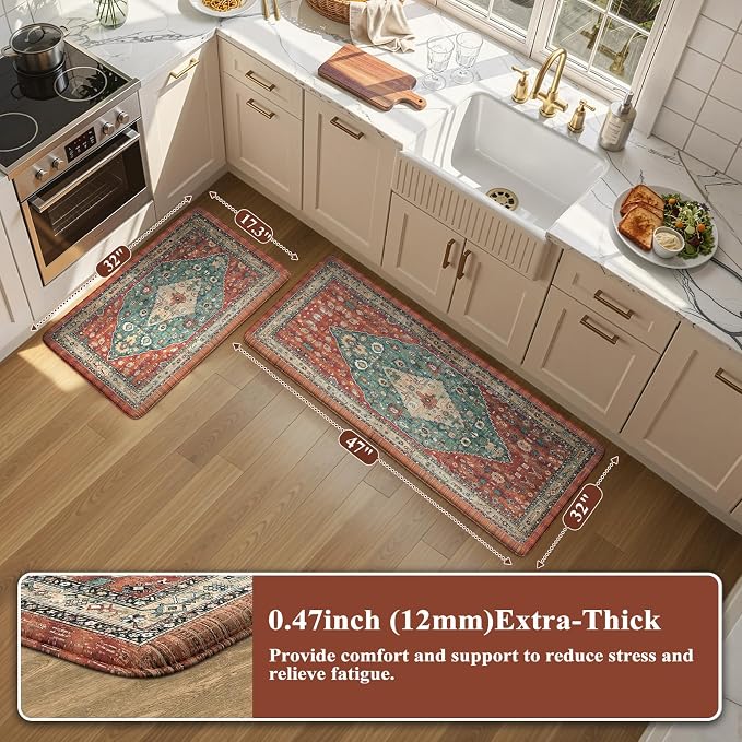 Collive Boho Kitchen Mats for Floor, Kitchen Mats Cushioned Anti Fatigue Waterproof Kitchen Rugs Sets of 2 Non-Skid Comfort Standing Mat for Kitchen, Office, Sink, Laundry, 20"x32"+20"x48"(Red)