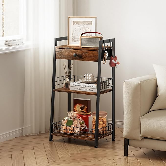 Gewudraw 3-Tier Ladder Shelf with Drawer, Bathroom Table Stand for Small Space, Bathroom Standing Shelves with Storage for Living Room Bedroom Kitchen, Organizer Shelf, Rustic Brown