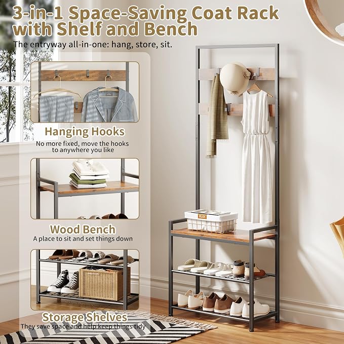Hall Tree with Shoe Storage Bench - Entryway Bench with Coat Rack and Hooks - 3-in-1 Small Hall Tree for Entry Way, Entrance, Hallway, Doorway, Front Door, Mudroom, Small Space - Rustic Brown