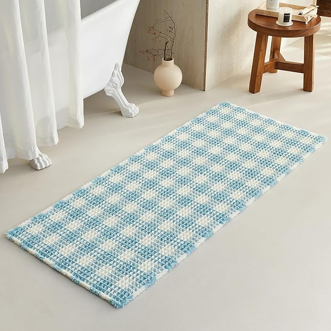 TYUU Waffle Runner Rug Bathroom, Long Boho Bathroom Rugs Non Slip Washable Absorbent Checkered Bathroom Mat Quick Dry Cute Bath Mat, 60"x24" Blue and White