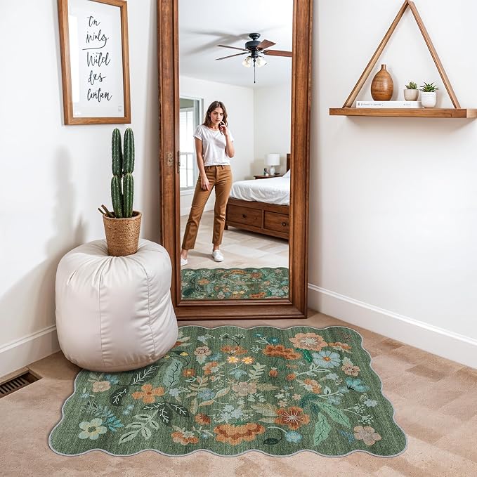 Washable Floral 2x3 Area Rug: Indoor Soft Scalloped Carpet for Entryway Kitchen Nursery Non-Slip Water Resistant Bathroom Laundry Floor Mat Low Pile Durable Door Mat(2x3 Floral/Green)