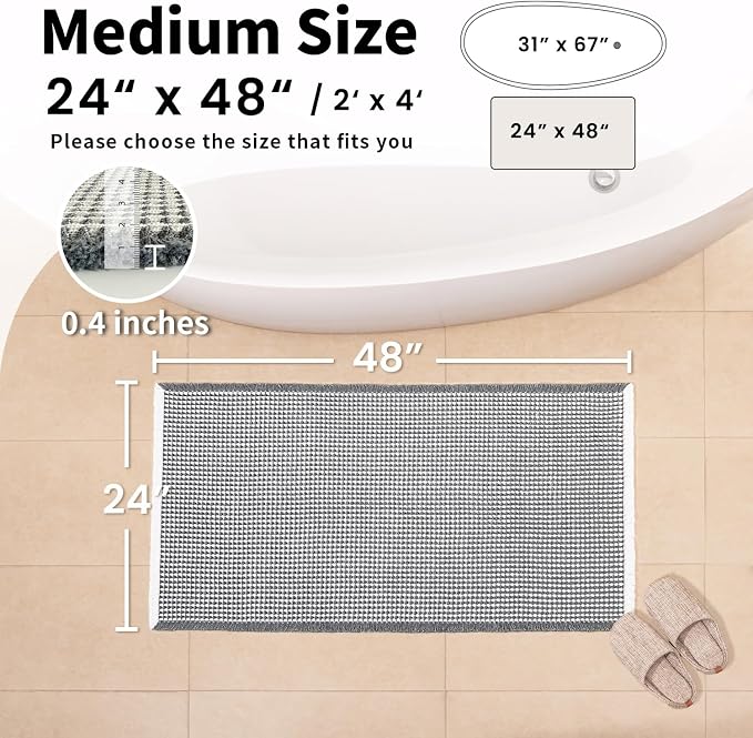 Waffle Bath Mat - Boho Bathroom Rugs Non Slip Washable, Super Absorbent & Quick Dry, Soft Bath Mat Farmhouse Bathroom Decor, 24'' x 48'', Dark Grey and White