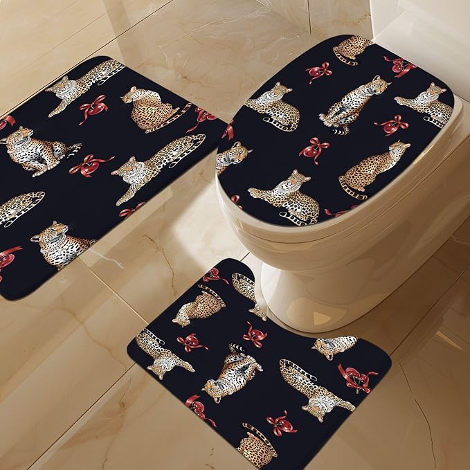 4 PCS Leopard Shower Curtain Set 72Wx72H,Toilet Lid Cover,Non-Slip Rugs and U-Shaped Mat,Cherry Bows Girly Wild Bathroom Sets with Rugs Shower Accessories 12 Hooks for Bathroom Decor