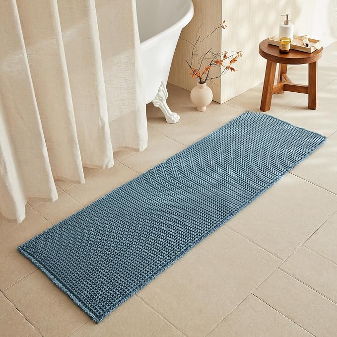 TYUU Waffle Runner Rug Bathroom, Long Boho Bathroom Rugs Non Slip Washable Super Absorbent Quick Dry Farmhouse Bath Decor, 72"x24" Denim Blue