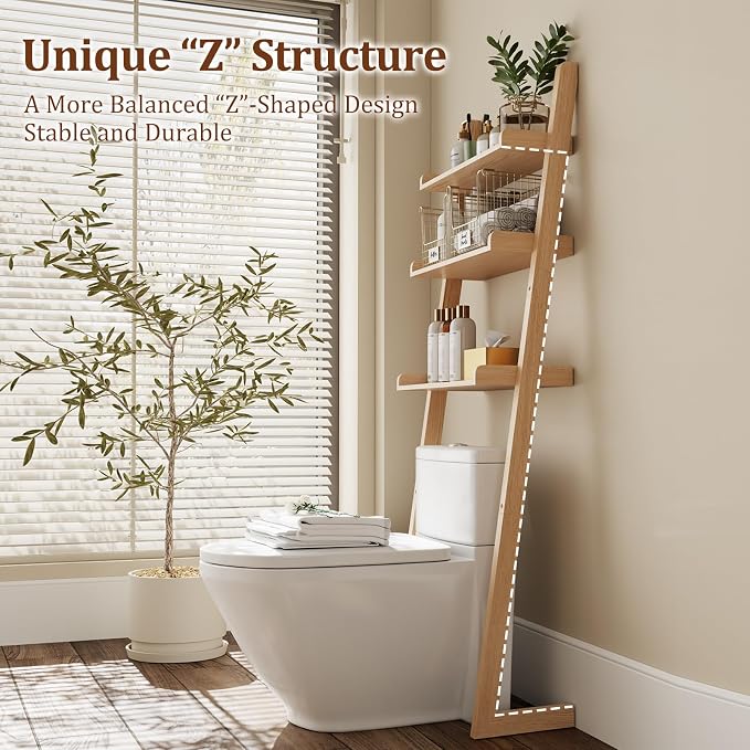 Over The Toilet Storage Shelf Wood, 3-Tier Above Toilet Organizer Rack, Freestanding Above Toilet Shelf for Bathroom, Laundry, Space Saver, Natural Color.