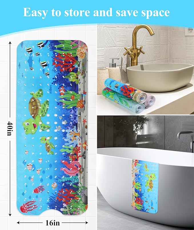 Secopad Bath Mat for Tub Non Slip, Machine Washable Anti-Slip Cartoon Baby Bathtub Shower Mat with Drain Holes and Suction Cups for Toddler & Kids (40 Inch x 16 Inch-Rectangular, Turtles) (Pack of 2)