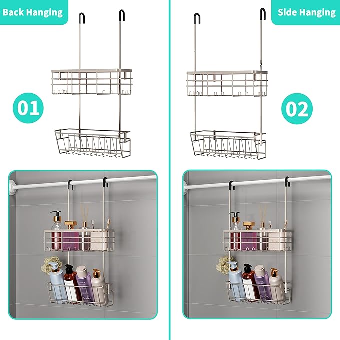HapiRm Hanging Shower Caddy Organizer - No Drilling Shower Organizer with Inclined Shelf, Rustproof & Waterproof 304 Stainless Steel Bathroom Caddy - Brushed Nickel