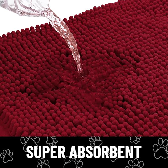 Smiry Dog Door Mat for Muddy Paws, Absorbent Dirt Trapper Non Slip Quick Dry Washable Chenille Mat for Mud Dogs, Entry Rug for Indoor and Outdoor (48x30 Inches, Red and White)