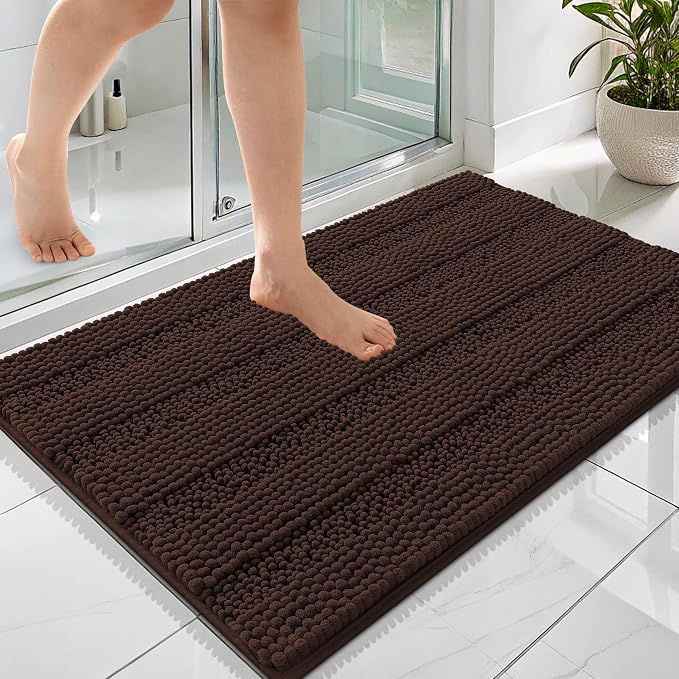 OLANLY Thick Bathroom Rugs 36x24, Extra Soft Absorbent Chenille Striped Bath Rugs, Rubber Backing, Machine Wash Dry, Bath Mats for Bathroom Floor, Tub and Shower, Home Decor Accessories, Brown