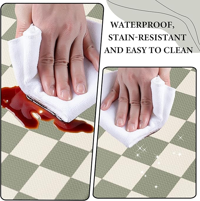 Scalloped Beige Sage Checkered Grid Checkerboard Kitchen Rug Sets [2 PCs], Anti-Fatigue, Waterproof Non-Slip Kitchen Mats Heavy Duty Comfort Foam Rug for Kitchen, Floor, Laundry,17"x29"+17"x47"