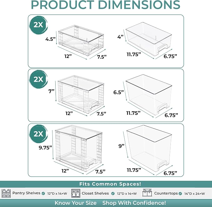 Sorbus Stackable Clear Storage Drawers, 6 Pack (2 Large + 2 Medium + 2 Small) Pull-Out Organizer Bins – Plastic Drawer Organizers for Bathroom, Vanity, Makeup, Under Sink & Countertop Organization