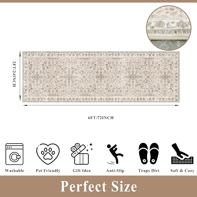2x6 Washable Kitchen Runner Rug – Boho Vintage Non-Slip Carpet Runner for Hallway, Entryway, Bedroom & Bathroom – Soft Low-Pile Thin Area Rug with Rubber Backing (Beige,2x6)