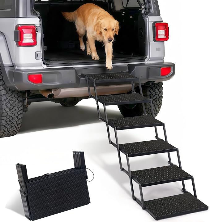 Foldable Dog Car Steps - Upgraded Non-Slip Pet Stairs for Large Dogs, Portable Metal Frame Dog Ramps for High SUV, Truck and Cars, Lightweight Pet Ladder with High Load-Bearing Capacity (6 Steps)