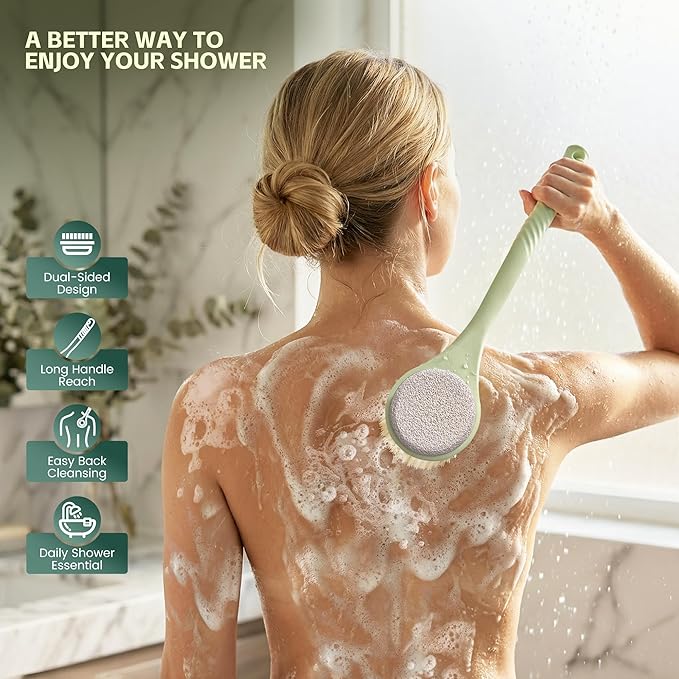 Back Scrubber for Shower, Long Handle Exfoliating Brush, Dual-Sided Bath Brush with Soft Bristles & Volcanic Pumice Stone, Anti-Slip Grip for Men & Women (Green)