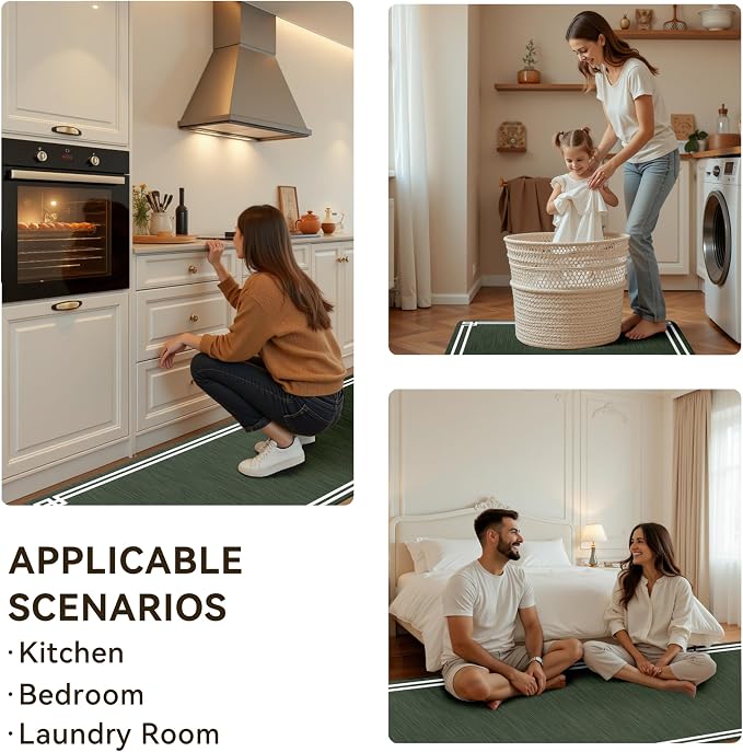 Dark Green Retro Elegance Frame Textured Kitchen Rug Sets [2 PCs], Anti-Fatigue, Waterproof Non-Slip Kitchen Mats Heavy Duty Comfort Foam Rug for Kitchen, Floor, Laundry,17"x29"+17"x47"