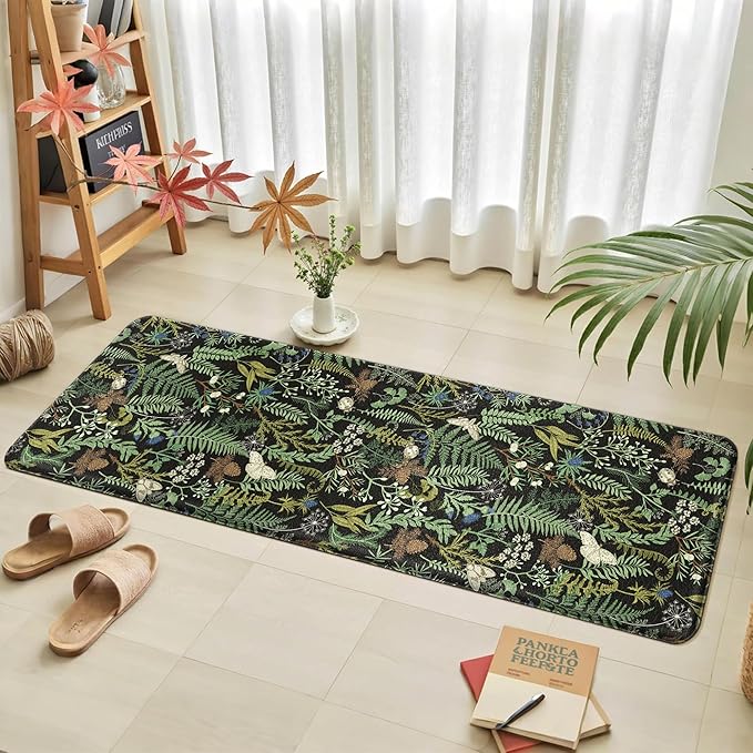 Black Green Botanical Kitchen Rugs Set of 2 Plant Leaf Anti-Fatigue Kitchen Mat Natural Comfort Standing Waterproof PVC Mats 2/5" Thick Leather Carpet for Laundry Office Sink(17.3" x28" + 17.3" x 59")