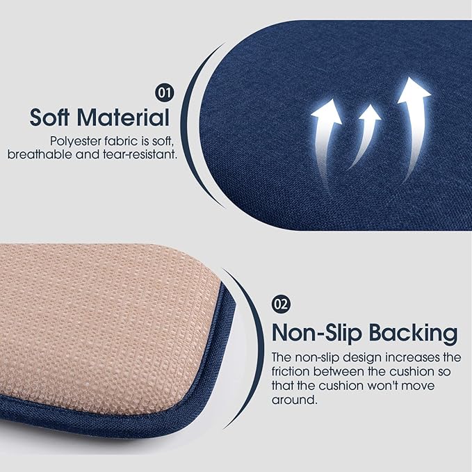 TushGuard Chair Cushions, 4 Pack Memory Foam Chair Pads, Seat Cushion, Kitchen Chair Cushions Set of 4, Anti-Slip Backing & Fixed Straps, Navy Blue