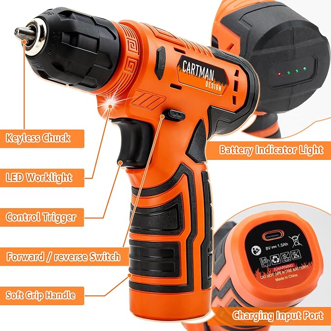 CARTMAN 150-Piece Household Tool Set with 8V Cordless Drill Driver Kit, Complete Hand Tool Set for Home Maintenance, DIY Projects, Orange
